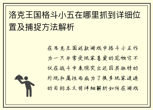 洛克王国格斗小五在哪里抓到详细位置及捕捉方法解析